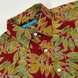 Tori Richard Shirt Men's Medium Red Green Leaf Print Short Sleeve Button Up